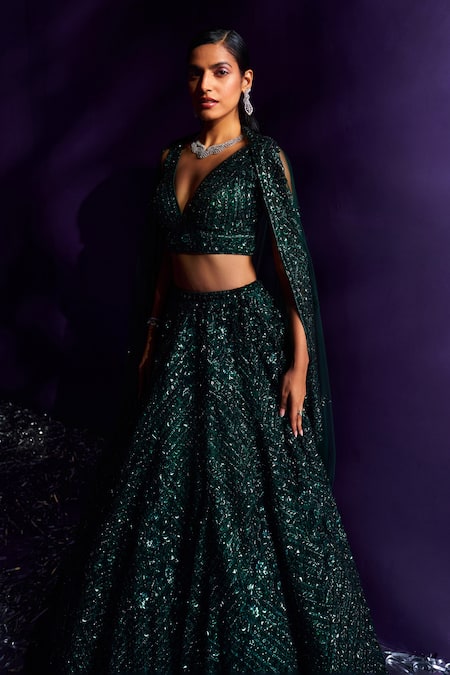 Shop Angad Singh Emerald Green Net Crystals, Sequins, Cutwork Embroidered Bridal Lehenga Set Online at Aza Fashions Shop_Angad Singh_Emerald Green Net Crystals, Sequins, Cutwork Embroidered Bridal Lehenga Set _Online_at_Aza_Fashions