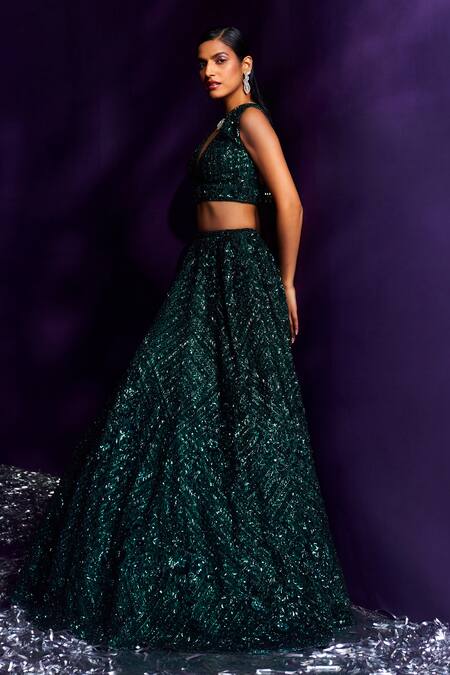 Angad Singh Emerald Green Net Crystals, Sequins, Cutwork Embroidered Bridal Lehenga Set at Aza Fashions Angad Singh_Emerald Green Net Crystals, Sequins, Cutwork Embroidered Bridal Lehenga Set _at_Aza_Fashions