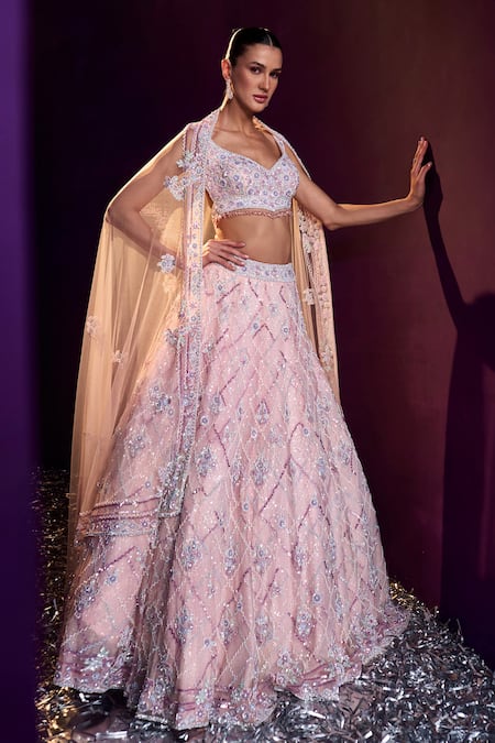 Shop Angad Singh Pink Net Sequins, Crystals, Beads Tonal Embroidered Bridal Lehenga Set Online at Aza Fashions Shop_Angad Singh_Pink Net Sequins, Crystals, Beads Tonal Embroidered Bridal Lehenga Set _Online_at_Aza_Fashions