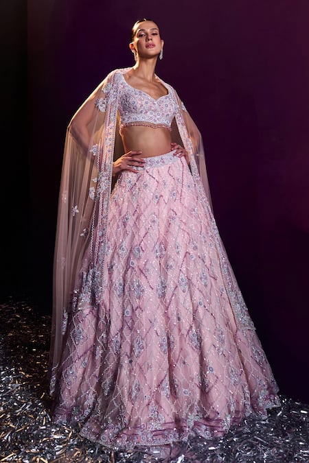 Angad Singh Pink Net Sequins, Crystals, Beads Tonal Embroidered Bridal Lehenga Set at Aza Fashions Angad Singh_Pink Net Sequins, Crystals, Beads Tonal Embroidered Bridal Lehenga Set _at_Aza_Fashions