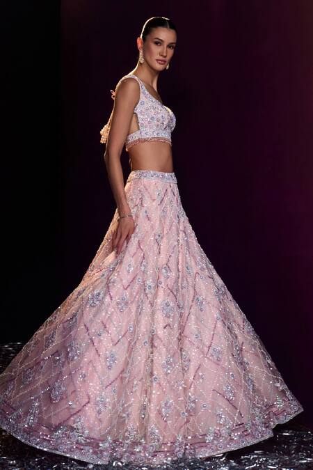 Buy Angad Singh Pink Net Sequins, Crystals, Beads Tonal Embroidered Bridal Lehenga Set Buy_Angad Singh_Pink Net Sequins, Crystals, Beads Tonal Embroidered Bridal Lehenga Set