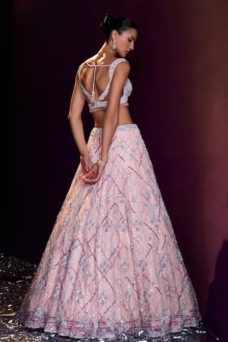 Shop Angad Singh Pink Net Sequins, Crystals, Beads Tonal Embroidered Bridal Lehenga Set Shop_Angad Singh_Pink Net Sequins, Crystals, Beads Tonal Embroidered Bridal Lehenga Set