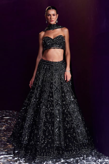 Angad Singh Black Net Embroidery Sequin Sweetheart Neck Glass Pipe Lehenga Set 