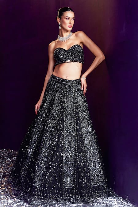Angad Singh Black Net Sequins, Crystals, Embroidery Sweetheart Neck Glass Pipe Lehenga Set Online at Aza Fashions Angad Singh_Black Net Sequins, Crystals, Embroidery Sweetheart Neck Glass Pipe Lehenga Set _Online_at_Aza_Fashions