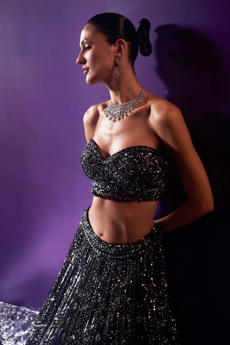 Buy Angad Singh Black Net Sequins, Crystals, Embroidery Sweetheart Neck Glass Pipe Lehenga Set Online at Aza Fashions Buy_Angad Singh_Black Net Sequins, Crystals, Embroidery Sweetheart Neck Glass Pipe Lehenga Set _Online_at_Aza_Fashions