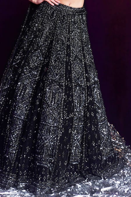 Angad Singh Black Net Sequins, Crystals, Embroidery Sweetheart Neck Glass Pipe Lehenga Set at Aza Fashions Angad Singh_Black Net Sequins, Crystals, Embroidery Sweetheart Neck Glass Pipe Lehenga Set _at_Aza_Fashions