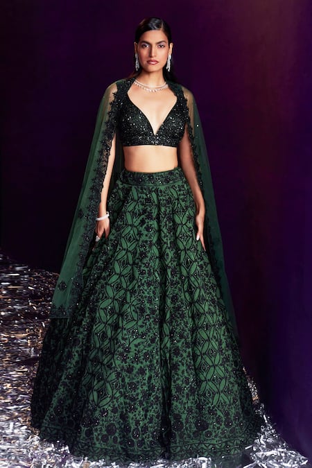 Angad Singh Green Organza Embroidery Dori Sweetheart Neck Bridal Lehenga Set 