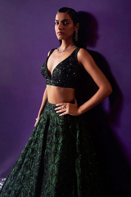 Shop Angad Singh Green Organza Sequins, Crystals, Beads Dori Embroidered Bridal Lehenga Set Online at Aza Fashions Shop_Angad Singh_Green Organza Sequins, Crystals, Beads Dori Embroidered Bridal Lehenga Set _Online_at_Aza_Fashions