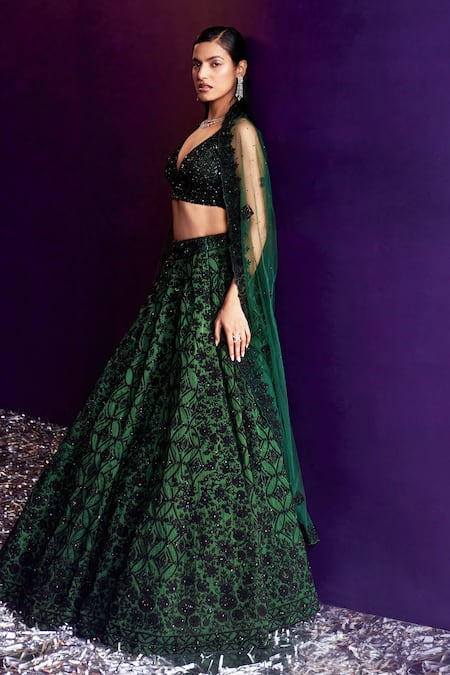 Buy Angad Singh Green Organza Sequins, Crystals, Beads Dori Embroidered Bridal Lehenga Set Buy_Angad Singh_Green Organza Sequins, Crystals, Beads Dori Embroidered Bridal Lehenga Set