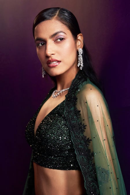 Shop Angad Singh Green Organza Sequins, Crystals, Beads Dori Embroidered Bridal Lehenga Set Shop_Angad Singh_Green Organza Sequins, Crystals, Beads Dori Embroidered Bridal Lehenga Set