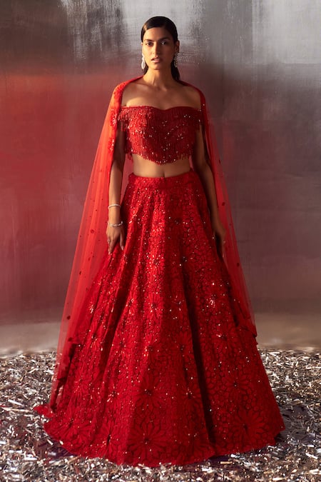 Angad Singh Red Net Embroidery Dori Sweetheart Neck Bridal Lehenga Blouse Set 