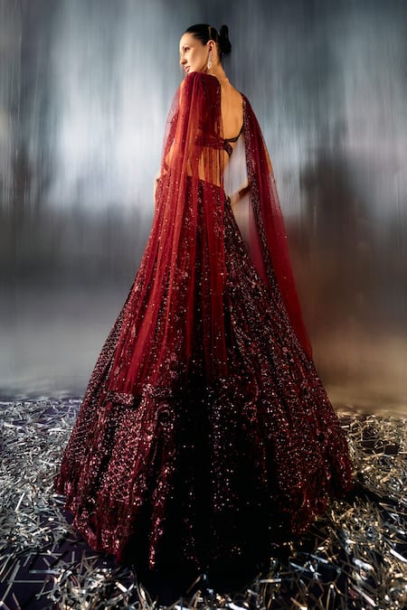 Shop Angad Singh Wine Net Sequins, Crystals, Beads, Embroidery Sweetheart Neck And Lehenga Set at Aza Fashions Shop_Angad Singh_Wine Net Sequins, Crystals, Beads, Embroidery Sweetheart Neck And Lehenga Set _at_Aza_Fashions