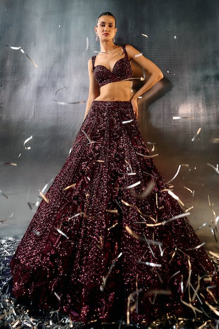 Shop Angad Singh Wine Net Sequins, Crystals, Beads, Embroidery Sweetheart Neck And Lehenga Set Online at Aza Fashions Shop_Angad Singh_Wine Net Sequins, Crystals, Beads, Embroidery Sweetheart Neck And Lehenga Set _Online_at_Aza_Fashions