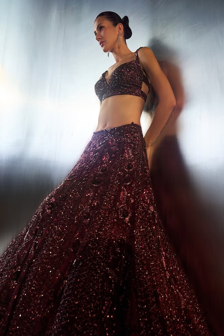 Angad Singh Wine Net Sequins, Crystals, Beads, Embroidery Sweetheart Neck And Lehenga Set at Aza Fashions Angad Singh_Wine Net Sequins, Crystals, Beads, Embroidery Sweetheart Neck And Lehenga Set _at_Aza_Fashions