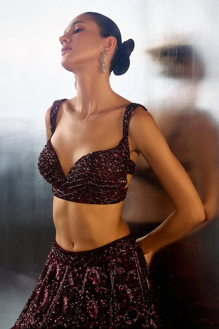 Buy Angad Singh Wine Net Sequins, Crystals, Beads, Embroidery Sweetheart Neck And Lehenga Set Buy_Angad Singh_Wine Net Sequins, Crystals, Beads, Embroidery Sweetheart Neck And Lehenga Set