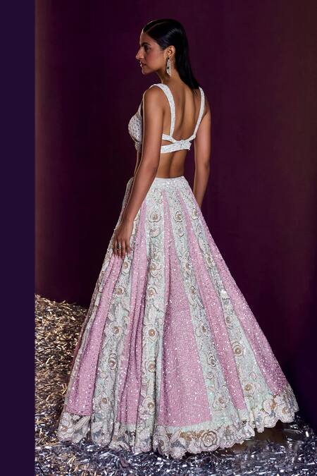 Buy Angad Singh Blue Net Crystals, Cut Work, Sequins, Embroidery Scallop Bridal Lehenga Set Buy_Angad Singh_Blue Net Crystals, Cut Work, Sequins, Embroidery Scallop Bridal Lehenga Set