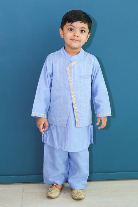 Shop Pankhuri By Priyanka Blue Cotton, Chanderi Lace, Zari Embroidered Overlap Panel Kurta With Pyjama at Aza Fashions Shop_Pankhuri By Priyanka_Blue Cotton, Chanderi Lace, Zari Embroidered Overlap Panel Kurta With Pyjama _at_Aza_Fashions