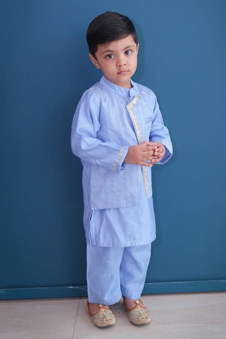 Pankhuri By Priyanka Blue Cotton, Chanderi Lace, Zari Embroidered Overlap Panel Kurta With Pyjama Online at Aza Fashions Pankhuri By Priyanka_Blue Cotton, Chanderi Lace, Zari Embroidered Overlap Panel Kurta With Pyjama _Online_at_Aza_Fashions