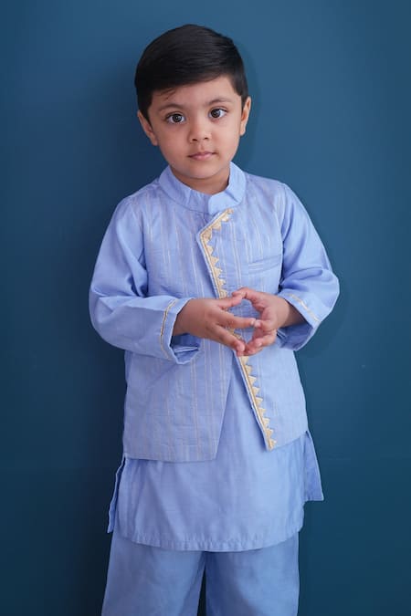 Buy Pankhuri By Priyanka Blue Cotton, Chanderi Lace, Zari Embroidered Overlap Panel Kurta With Pyjama Online at Aza Fashions Buy_Pankhuri By Priyanka_Blue Cotton, Chanderi Lace, Zari Embroidered Overlap Panel Kurta With Pyjama _Online_at_Aza_Fashions