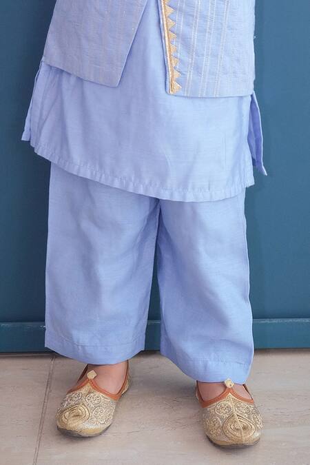 Shop Pankhuri By Priyanka Blue Cotton, Chanderi Lace, Zari Embroidered Overlap Panel Kurta With Pyjama Online at Aza Fashions Shop_Pankhuri By Priyanka_Blue Cotton, Chanderi Lace, Zari Embroidered Overlap Panel Kurta With Pyjama _Online_at_Aza_Fashions