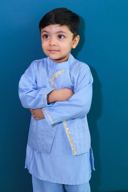 Pankhuri By Priyanka Blue Cotton, Chanderi Lace, Zari Embroidered Overlap Panel Kurta With Pyjama at Aza Fashions Pankhuri By Priyanka_Blue Cotton, Chanderi Lace, Zari Embroidered Overlap Panel Kurta With Pyjama _at_Aza_Fashions