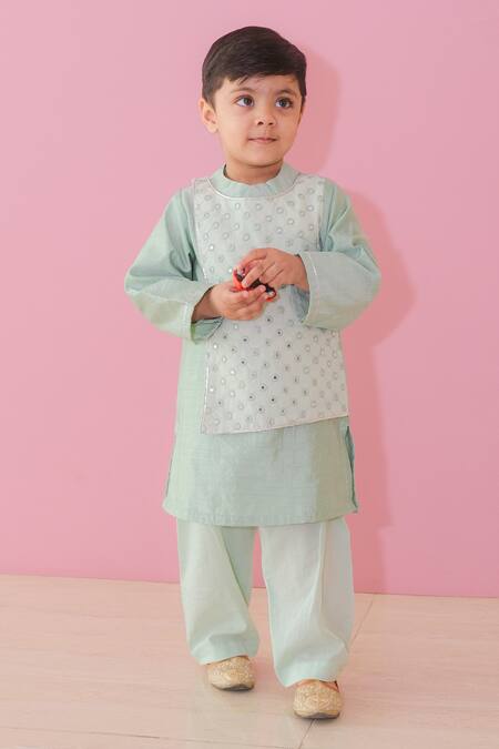 Shop_Pankhuri By Priyanka_Green Cotton, Chanderi Mirrors, Lace Mirrorwork Overlap Panel Kurta With Pyjama _at_Aza_Fashions