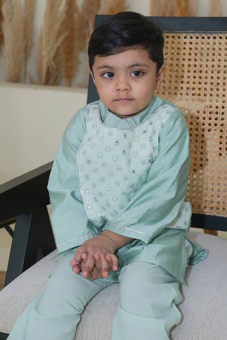 Pankhuri By Priyanka_Green Cotton, Chanderi Mirrors, Lace Mirrorwork Overlap Panel Kurta With Pyjama _at_Aza_Fashions