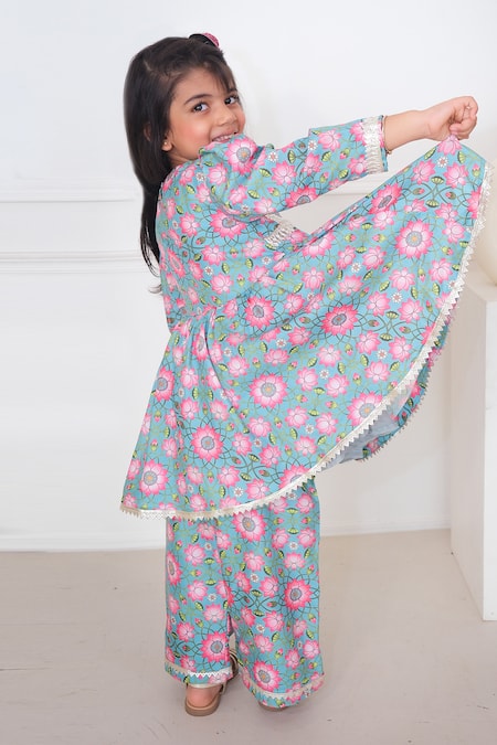 Shop_Pankhuri By Priyanka_Blue Silk Lace Lotus Print Peplum Kurta With Pant _at_Aza_Fashions