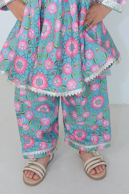 Buy_Pankhuri By Priyanka_Blue Silk Lace Lotus Print Peplum Kurta With Pant _Online_at_Aza_Fashions