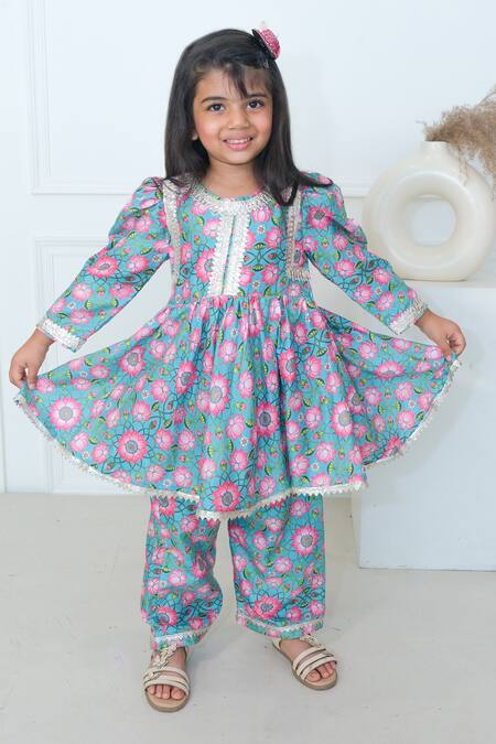 Shop_Pankhuri By Priyanka_Blue Silk Lace Lotus Print Peplum Kurta With Pant _Online_at_Aza_Fashions