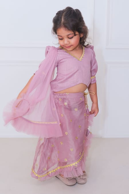 Shop_Pankhuri By Priyanka_Purple Organza Lace, Zari, Embroidery Butti Asymmetric Lehenga Set _at_Aza_Fashions