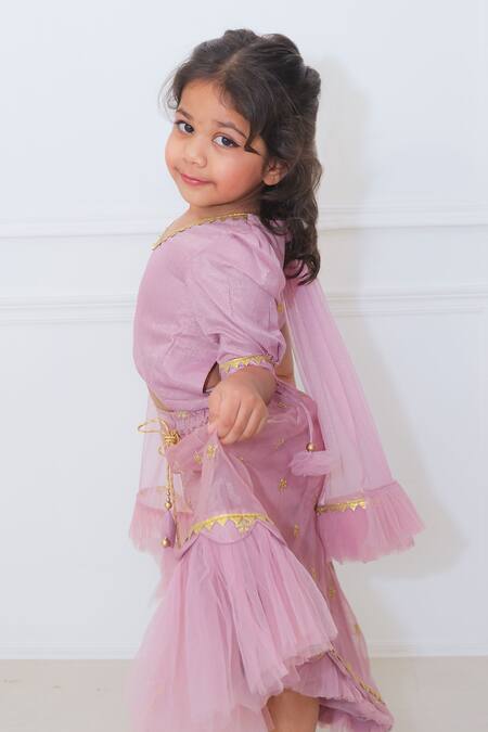 Buy_Pankhuri By Priyanka_Purple Organza Lace, Zari, Embroidery Butti Asymmetric Lehenga Set _Online_at_Aza_Fashions