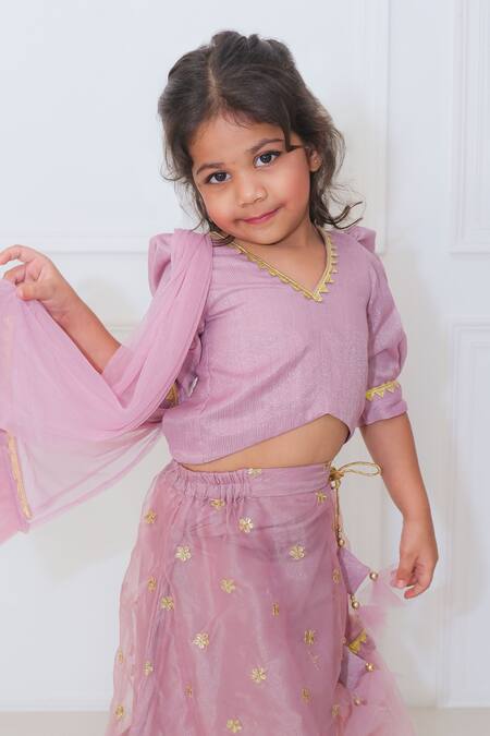 Shop_Pankhuri By Priyanka_Purple Organza Lace, Zari, Embroidery Butti Asymmetric Lehenga Set _Online_at_Aza_Fashions