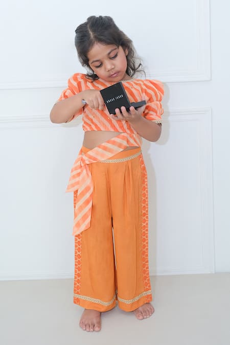 Shop_Pankhuri By Priyanka_Orange Georgette, Modal, Muslin Sequins, Lace Leheriya Crop Top And Palazzo Set _at_Aza_Fashions