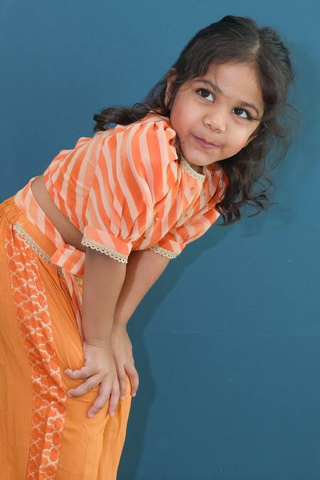 Pankhuri By Priyanka_Orange Georgette, Modal, Muslin Sequins, Lace Leheriya Crop Top And Palazzo Set _Online_at_Aza_Fashions