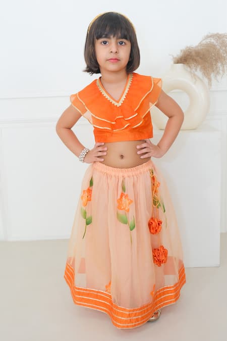 Pankhuri by Priyanka Orange Organza Embellished Lace Floral Handpainted Lehenga With Ruffle Blouse 