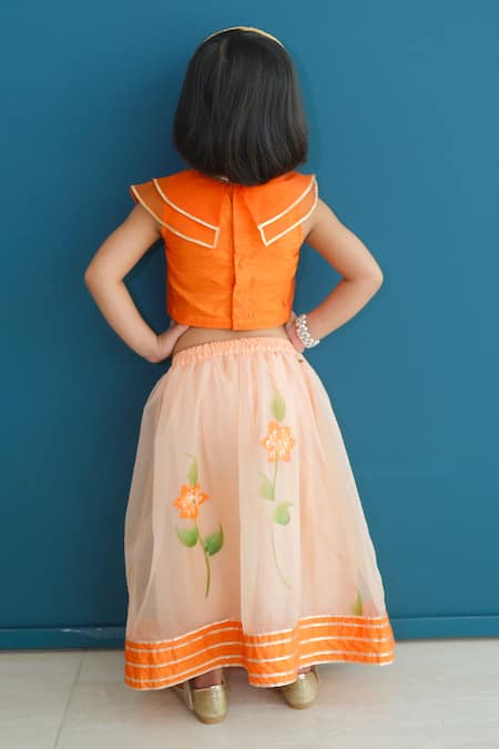 Shop Pankhuri By Priyanka Orange Organza, Silk Embroidery Floral Handpainted Lehenga With Ruffle Blouse at Aza Fashions Shop_Pankhuri By Priyanka_Orange Organza, Silk Embroidery Floral Handpainted Lehenga With Ruffle Blouse _at_Aza_Fashions