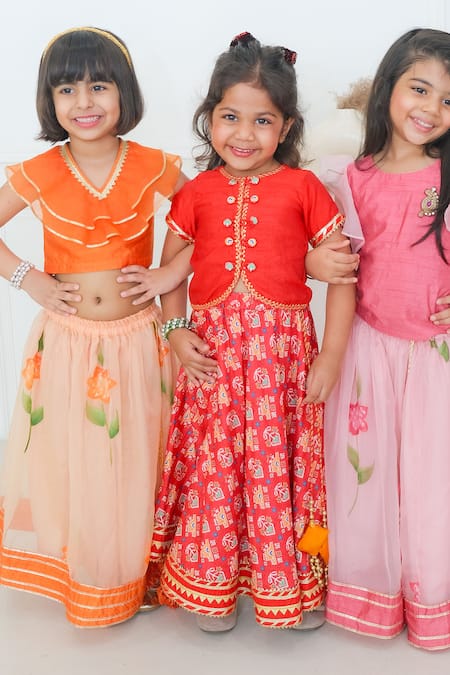 Pankhuri By Priyanka Orange Organza, Silk Embroidery Floral Handpainted Lehenga With Ruffle Blouse Online at Aza Fashions Pankhuri By Priyanka_Orange Organza, Silk Embroidery Floral Handpainted Lehenga With Ruffle Blouse _Online_at_Aza_Fashions