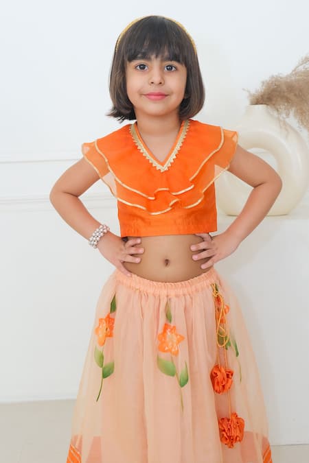Buy Pankhuri By Priyanka Orange Organza, Silk Embroidery Floral Handpainted Lehenga With Ruffle Blouse Online at Aza Fashions Buy_Pankhuri By Priyanka_Orange Organza, Silk Embroidery Floral Handpainted Lehenga With Ruffle Blouse _Online_at_Aza_Fashions