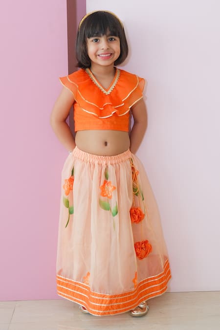 Shop Pankhuri By Priyanka Orange Organza, Silk Embroidery Floral Handpainted Lehenga With Ruffle Blouse Online at Aza Fashions Shop_Pankhuri By Priyanka_Orange Organza, Silk Embroidery Floral Handpainted Lehenga With Ruffle Blouse _Online_at_Aza_Fashions