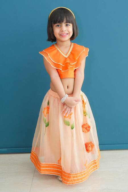 Pankhuri By Priyanka Orange Organza, Silk Embroidery Floral Handpainted Lehenga With Ruffle Blouse at Aza Fashions Pankhuri By Priyanka_Orange Organza, Silk Embroidery Floral Handpainted Lehenga With Ruffle Blouse _at_Aza_Fashions