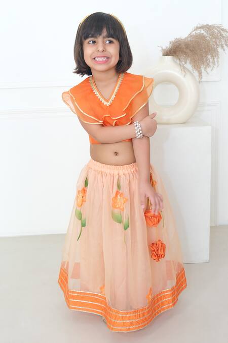 Buy_Pankhuri By Priyanka_Orange Organza, Silk Embroidery Floral Handpainted Lehenga With Ruffle Blouse 