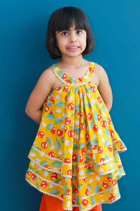 Buy_Pankhuri By Priyanka_Yellow Cotton Lace Fruit Print Tiered Kurta And Salwar Pant Set _Online_at_Aza_Fashions