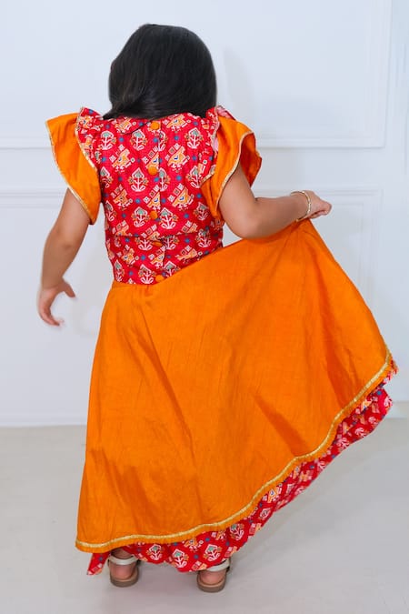 Shop_Pankhuri By Priyanka_Red Cotton Tassels, Beads, Lace Patola Pattern Layered Lehenga With Blouse _at_Aza_Fashions