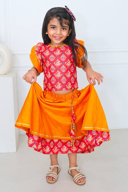 Pankhuri By Priyanka_Red Cotton Tassels, Beads, Lace Patola Pattern Layered Lehenga With Blouse _Online_at_Aza_Fashions