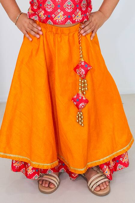 Buy_Pankhuri By Priyanka_Red Cotton Tassels, Beads, Lace Patola Pattern Layered Lehenga With Blouse _Online_at_Aza_Fashions
