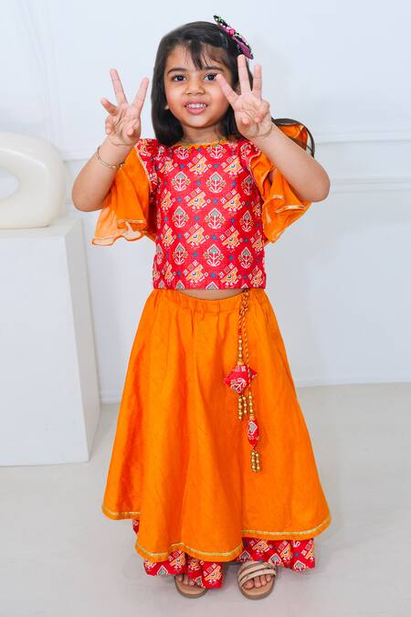 Pankhuri By Priyanka_Red Cotton Tassels, Beads, Lace Patola Pattern Layered Lehenga With Blouse _at_Aza_Fashions