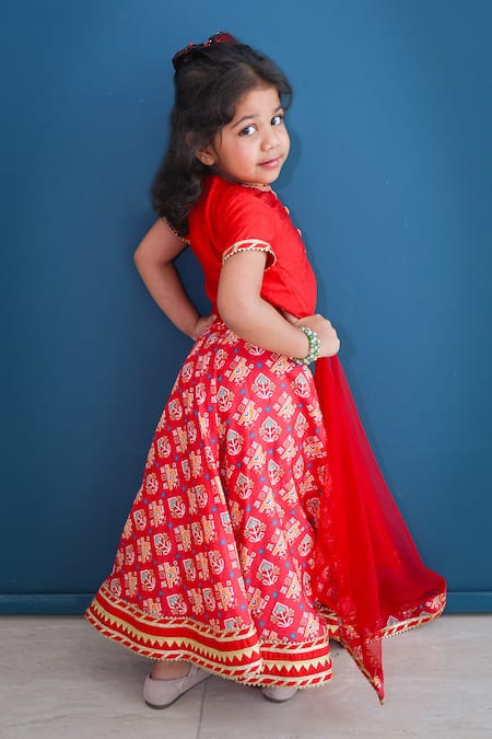 Shop_Pankhuri By Priyanka_Red Cotton Lace, Embroidery, Patchwork Patola Pattern Lehenga Set _at_Aza_Fashions