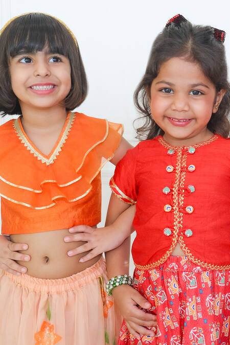 Pankhuri By Priyanka_Red Cotton Lace, Embroidery, Patchwork Patola Pattern Lehenga Set _Online_at_Aza_Fashions