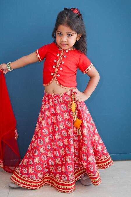Buy_Pankhuri By Priyanka_Red Cotton Lace, Embroidery, Patchwork Patola Pattern Lehenga Set _Online_at_Aza_Fashions